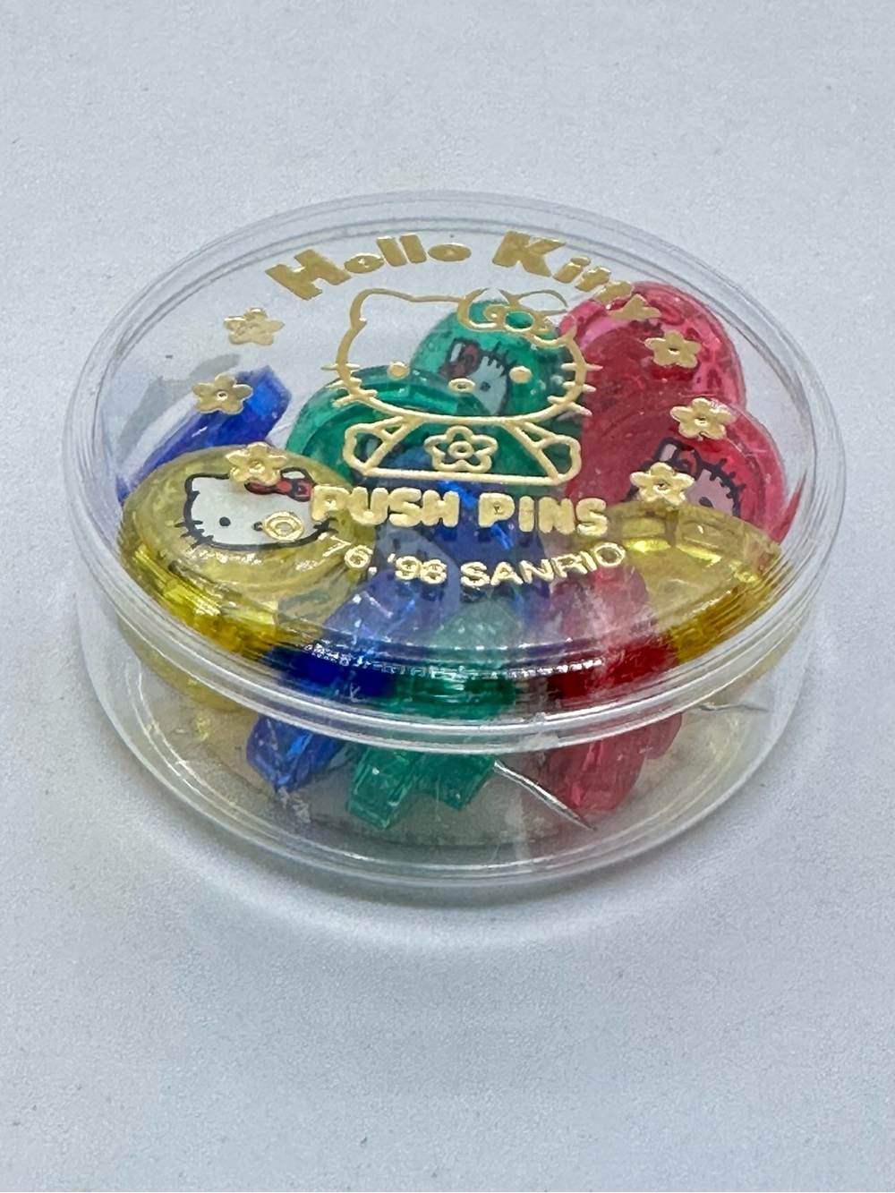 VTG 1998 Hello Kitty Push Pins Sanrio Germany Container - 4 Colors 12 Pins Japan